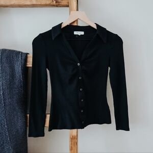 Madewell Black Ribbed Ruched Button-Front Top (Size XS)